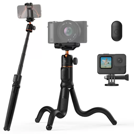 K&F Concept MS-29 hajlítható lábú állvány, selfie bot, Gopro és telefon adapter, bluetooth kioldó (KF-09-152)