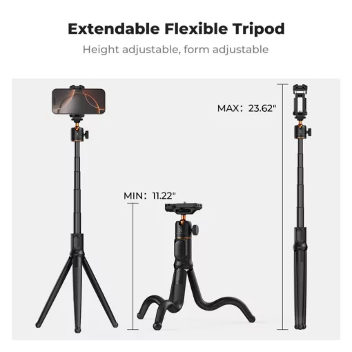 K&F Concept MS-29 hajlítható lábú állvány, selfie bot, Gopro és telefon adapter, bluetooth kioldó (KF-09-152)