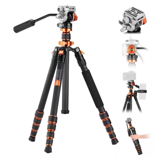 K&F Concept O255C4+FH-03 karbon videóállvány, 170cm magasság, 5kg teherbírás (KF-09-158)