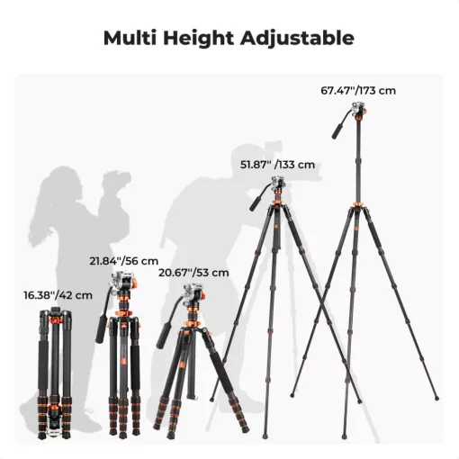 K&F Concept O255C4+FH-03 karbon videóállvány, 170cm magasság, 5kg teherbírás (KF-09-158)