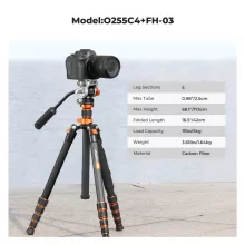 K&F Concept O255C4+FH-03 karbon videóállvány, 170cm magasság, 5kg teherbírás (KF-09-158)