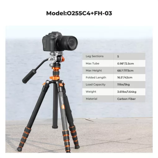 K&F Concept O255C4+FH-03 karbon videóállvány, 170cm magasság, 5kg teherbírás (KF-09-158)