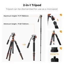 K&F Concept O255C4+FH-03 karbon videóállvány, 170cm magasság, 5kg teherbírás (KF-09-158)