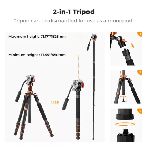 K&F Concept O255C4+FH-03 karbon videóállvány, 170cm magasság, 5kg teherbírás (KF-09-158)