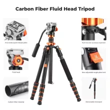 K&F Concept O255C4+FH-03 karbon videóállvány, 170cm magasság, 5kg teherbírás (KF-09-158)