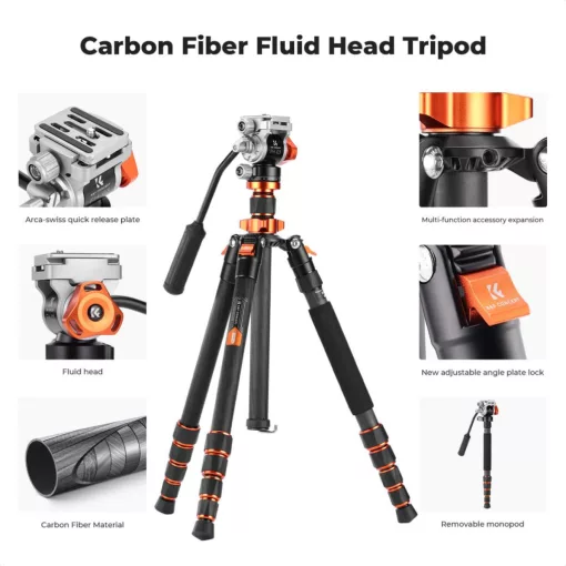 K&F Concept O255C4+FH-03 karbon videóállvány, 170cm magasság, 5kg teherbírás (KF-09-158)