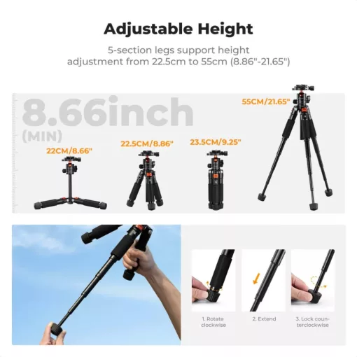 K&F Concept S225A0+BH-25 mini állvány, 55cm max magasság, 6kg teherbírás ( KF-09-160)