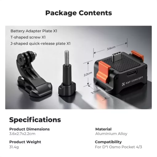 K&F Concept állvány adapter és gyorskioldó talp USB-C csatlakozással, DJI Osmo Pocket 3/4-hez (KF-20-0018)