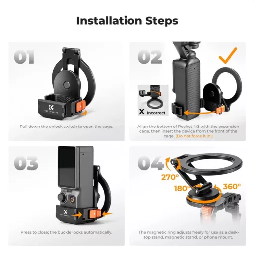 K&F Concept PP62 mágneses alumínium bővítőkeret MagSafe telefontartóval, DJI Osmo Pocket 3/4-hez (KF-20-0021)