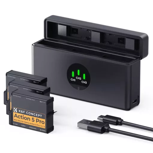 K&F Concept tripla USB-C akkumulátor töltő +3db DJI Osmo 360, Action 5 Pro/4/3 akku 2100mAh (KF-28-0127S1)