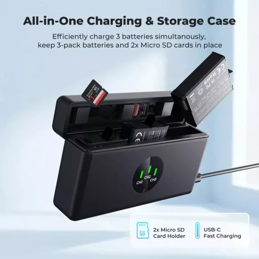 K&F Concept tripla USB-C akkumulátor töltő +3db DJI Osmo 360, Action 5 Pro/4/3 akku 2100mAh (KF-28-0127S1)