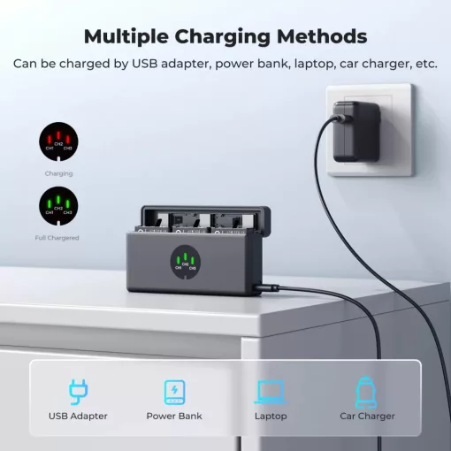 K&F Concept tripla USB-C akkumulátor töltő +3db DJI Osmo 360, Action 5 Pro/4/3 akku 2100mAh (KF-28-0127S1)
