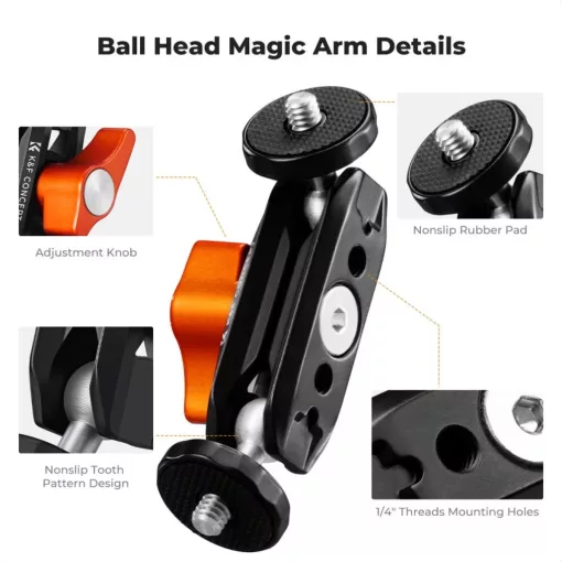 K&F Concept MS14 magic arm, 360°-os forgás, dupla gömbfej, 2kg teherbírás (KF-31-137)