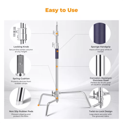 K&F Concept C-Stand állvány, 149cm-330cm, 20kg teherbírás, rozsdamentes acél (KF-34-037)